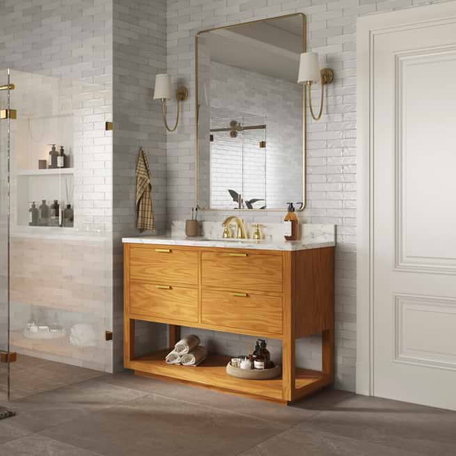 An evergreen wood-look vanity