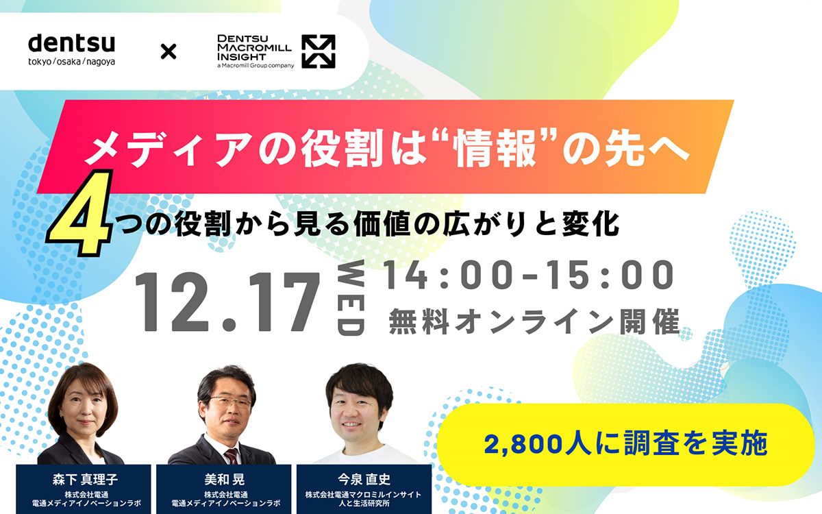 【参加者募集】電通メディアイノベーションラボ×電通マクロミルインサイト 共催ウェビナー「メディアの役割は“情報”の先へ ― 4つの役割から見る価値の広がりと変化」12月17日開催