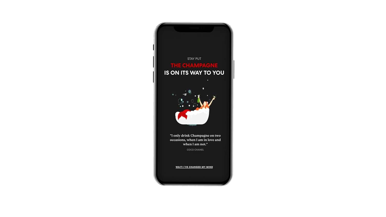 Mobile screen with Shake for Champagne message