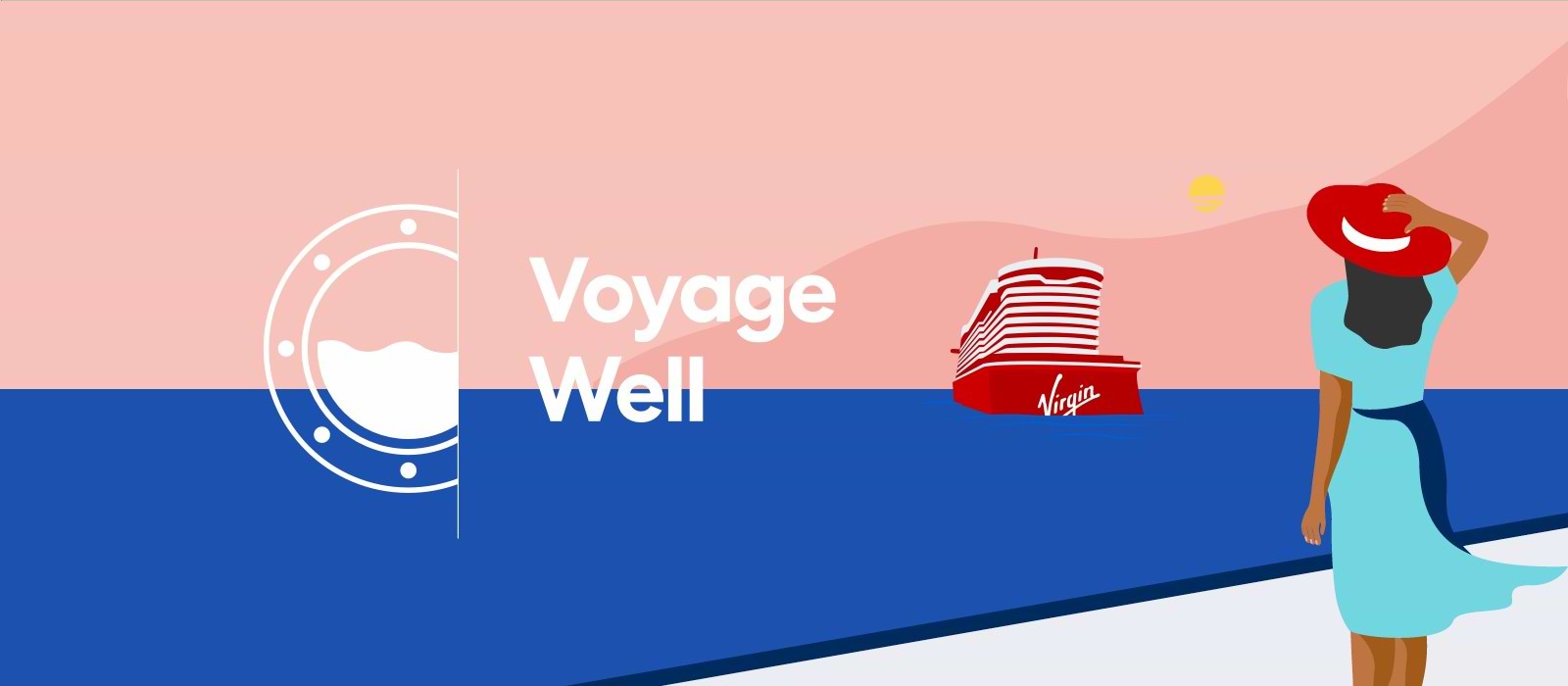 Illustration of a woman wearing a hat on shore watching a ship sail away with the Voyage Well logo over it for the Health & Safety blog header.