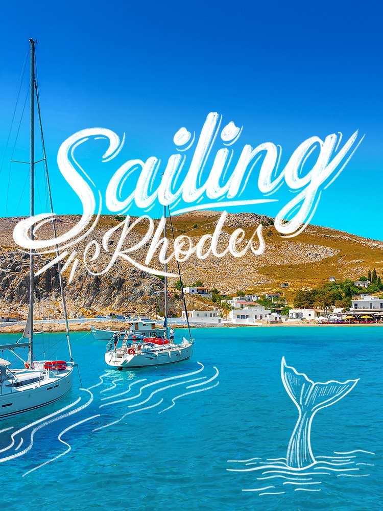 Graphic design image of beach front in Rhodes Greece with two sailing boats