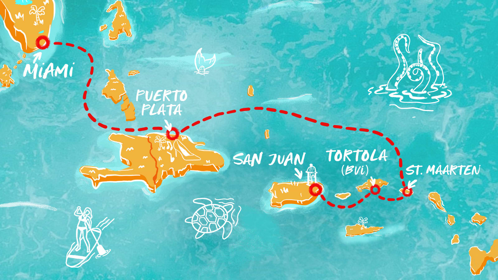 Map of One-way to SJ: DR, St. Maarten & BVI itinerary