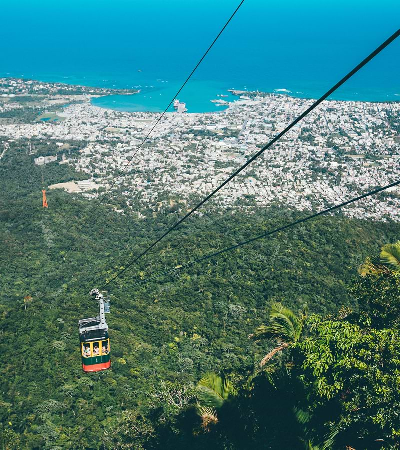 Skytram over the mountains with Puerto Plata in the distance