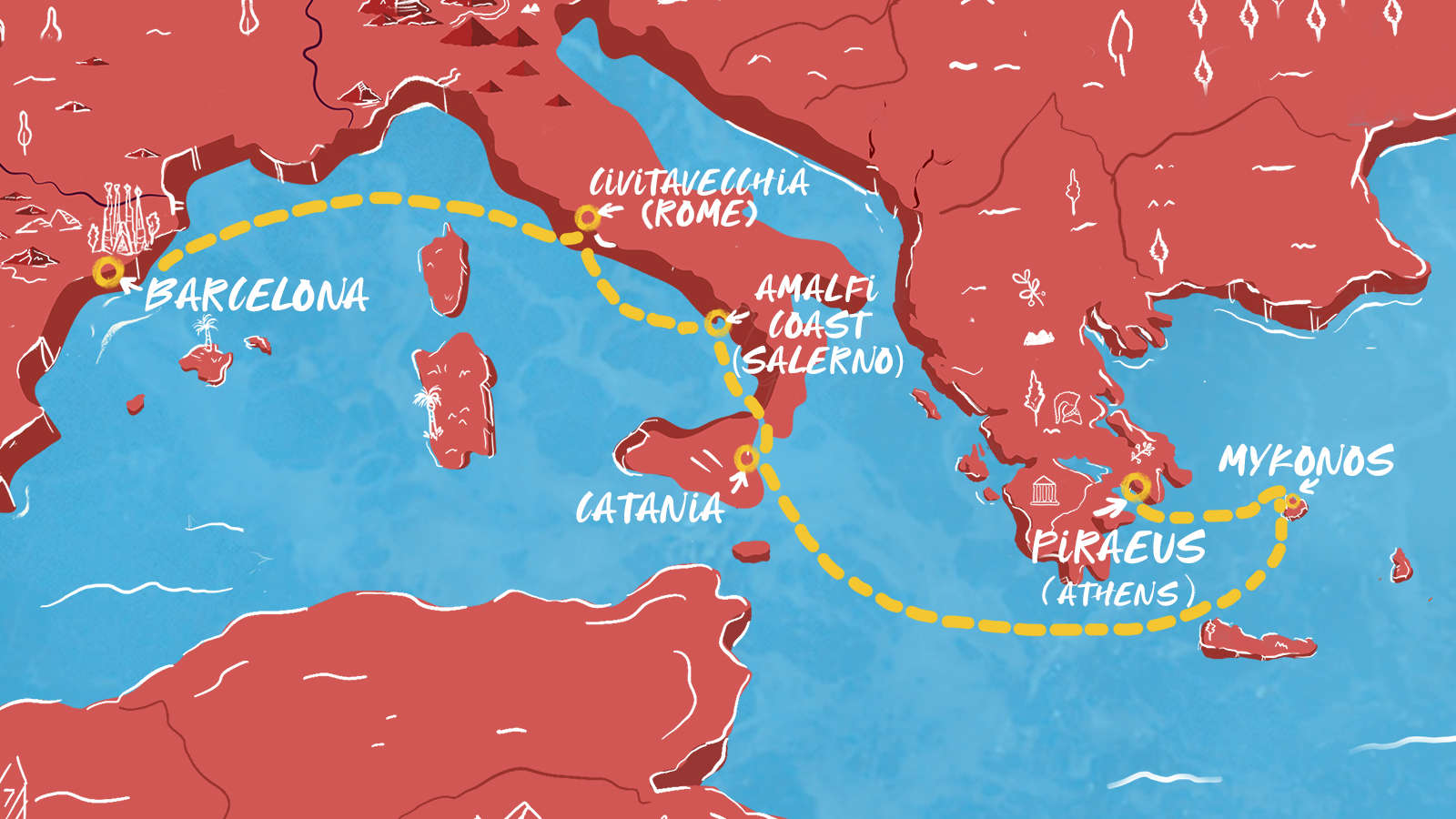 Map of Rome, Mykonos & the Amalfi Coast itinerary