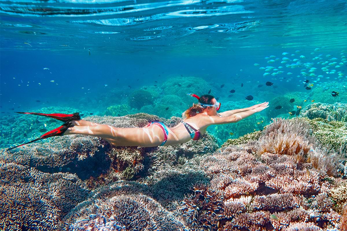 Lady snorkeling around coral reef