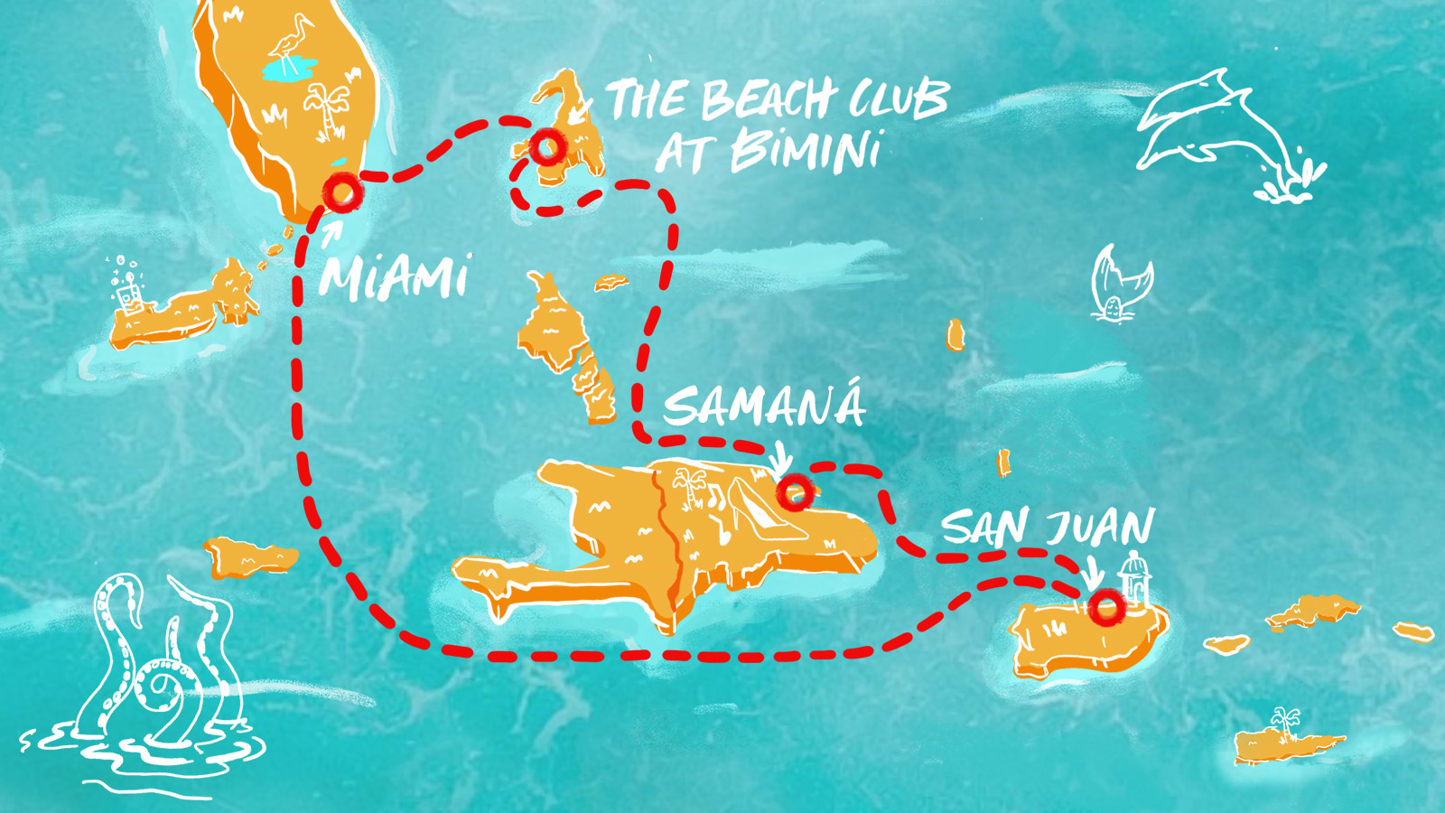 Map of San Juan, Samaná & Bimini itinerary