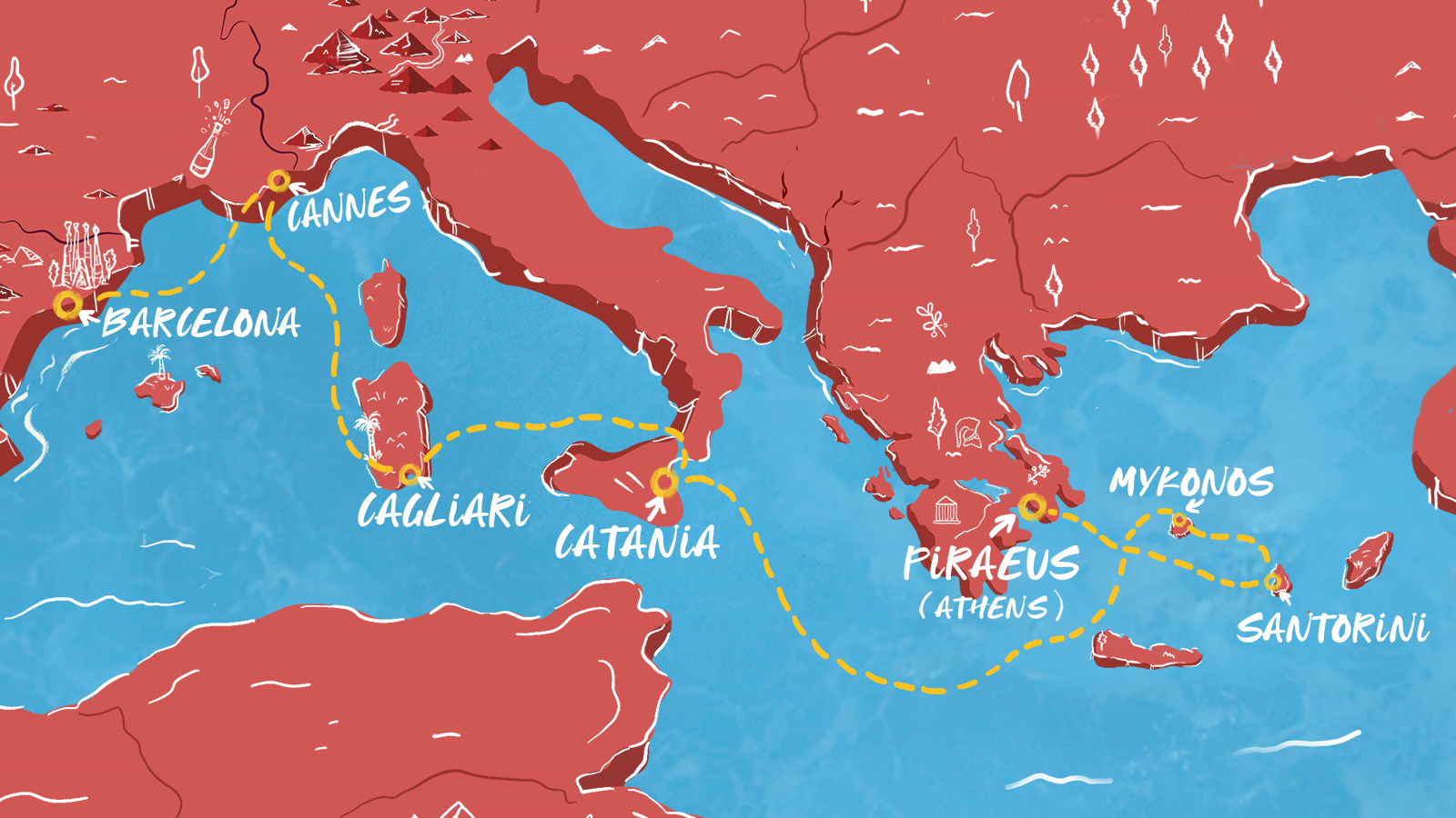 Map Across the Med: Spain to Greece itinerary