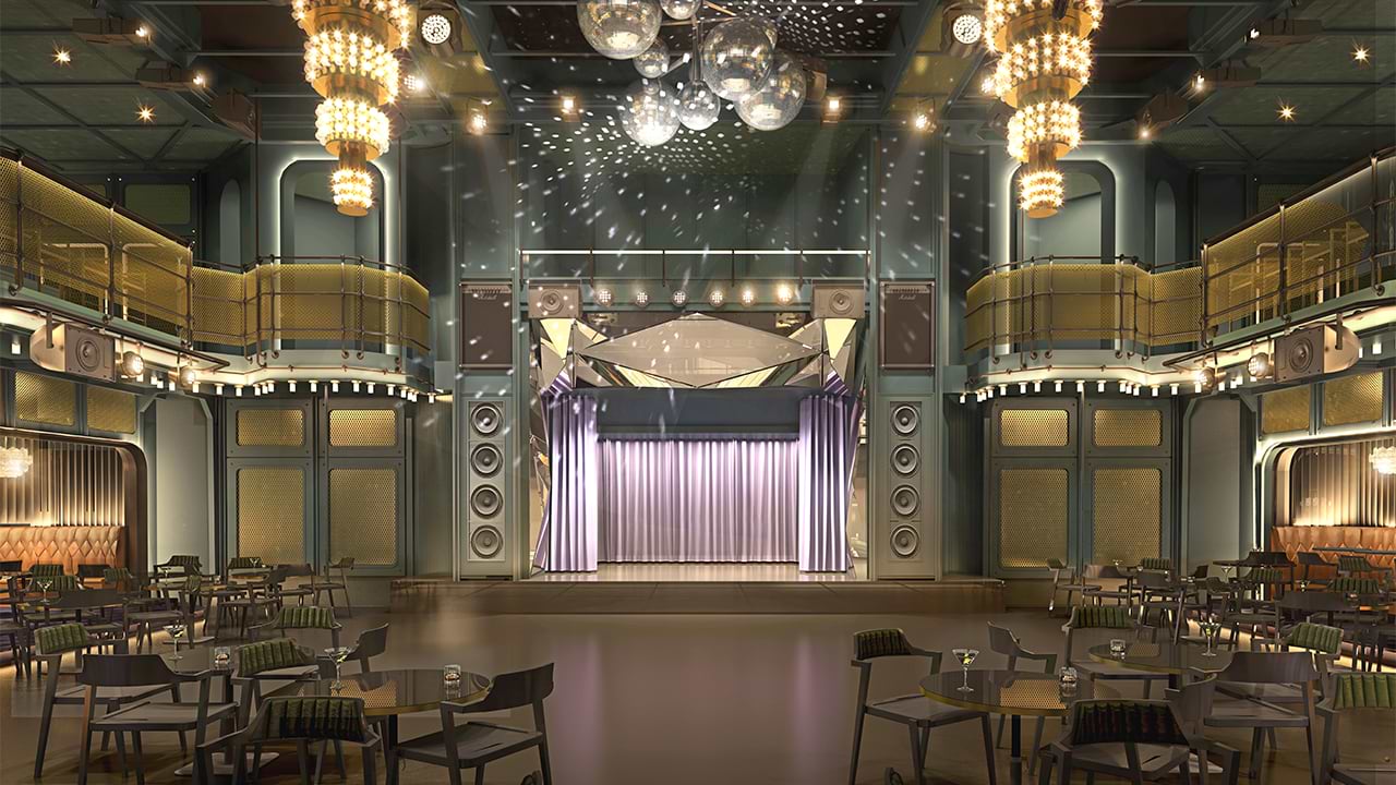 The Manor theater on Virgin Voyages Scarlet Lady.