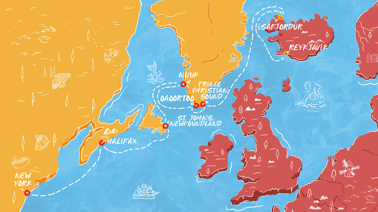 Map of Iceland, Greenland, Canada & NYC itinerary