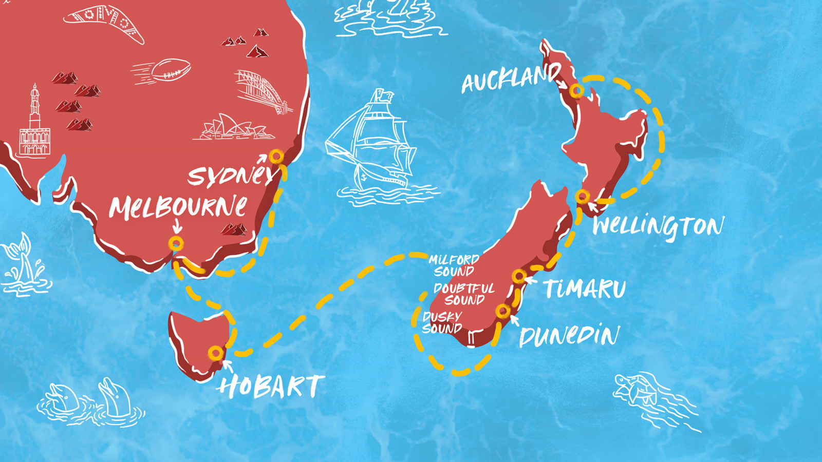Map of New Zealand Fjords & Australia Shores