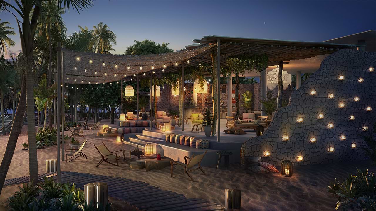 Render design for a sandy lounge space at The Beach Club.