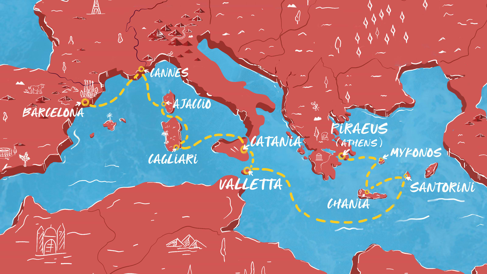 Across the Med: Spain to Greece map itinerary