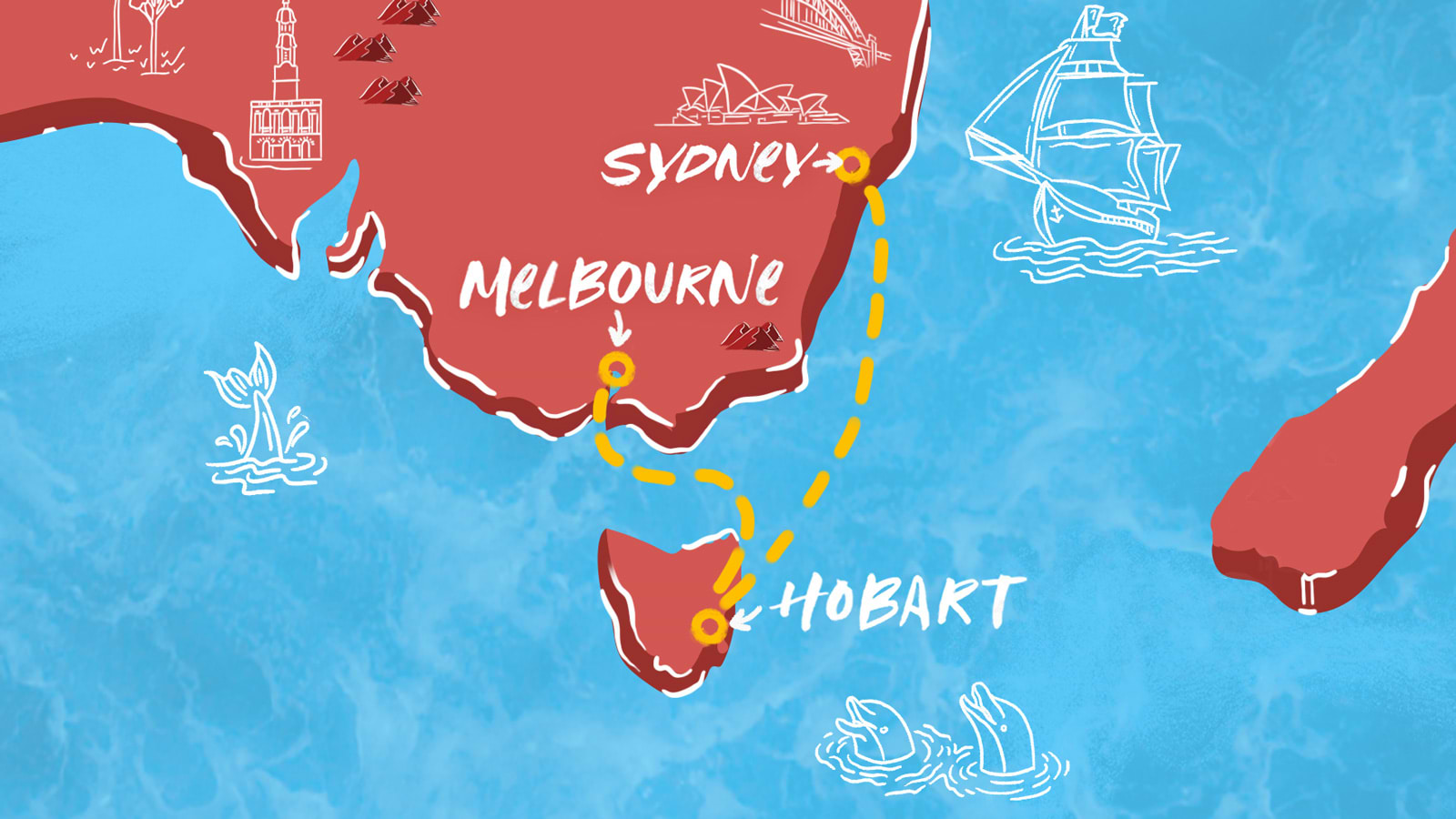 Map of Sydney, Hobart & Melbourne itinerary