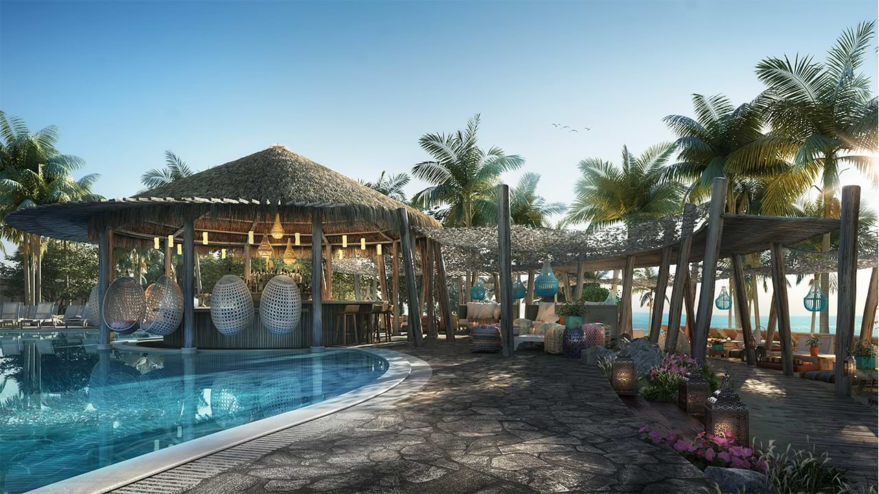Render of lagoon style pool with hanging bar chairs.