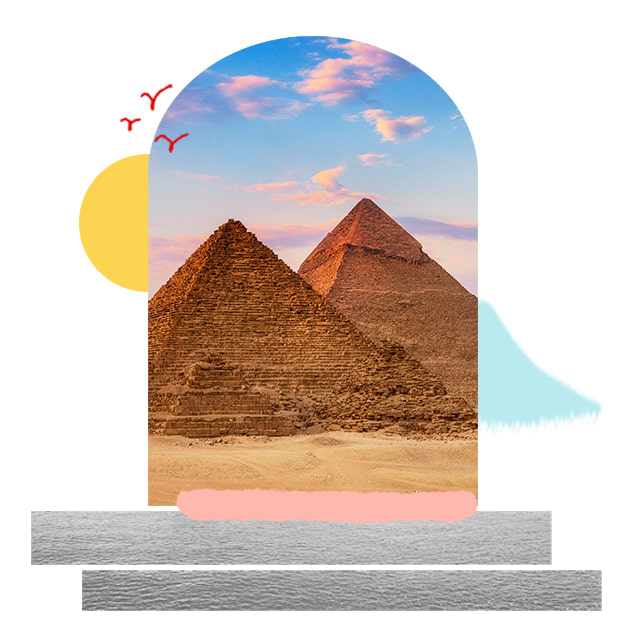 Collage of Egypt pyramids sun and sand