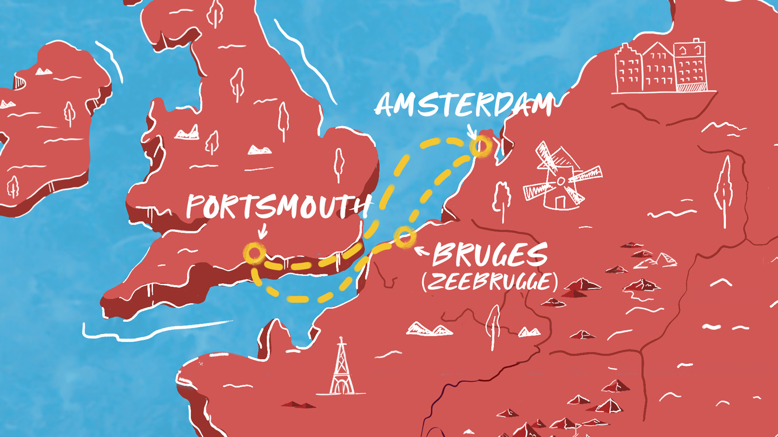 Map of The UK to Amsterdam & Zeebrugge itinerary