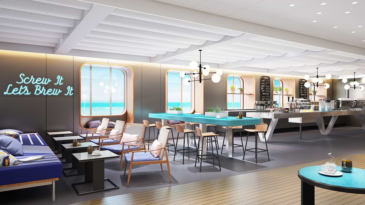 Rendering of a Virgin Voyages cafe dining area.