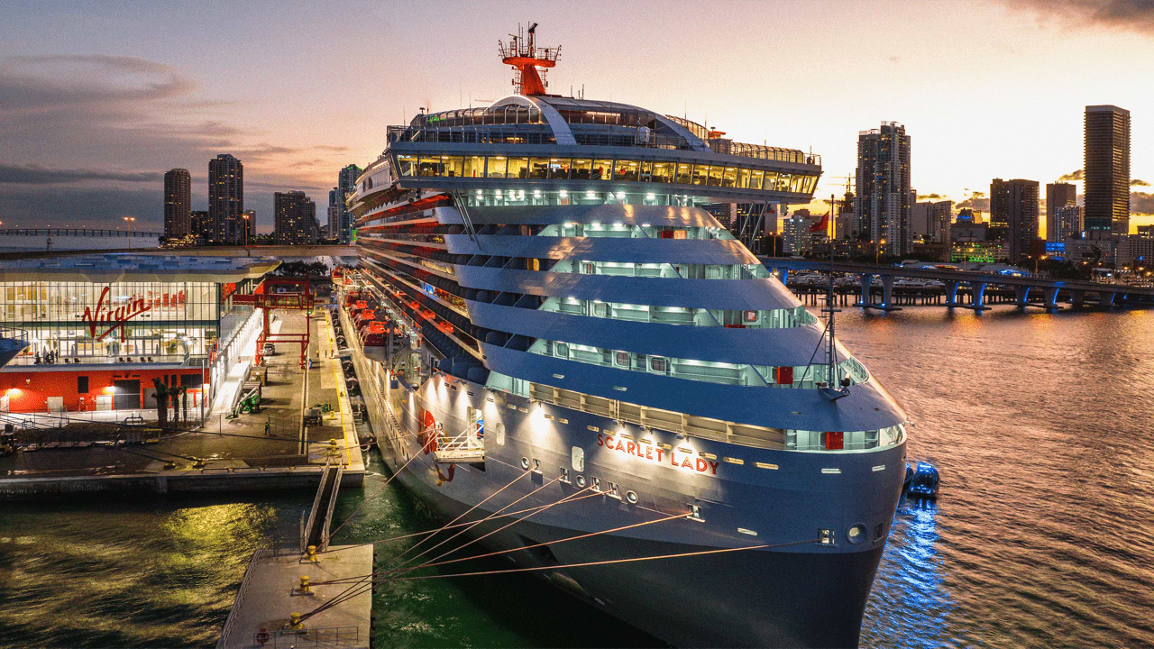 Scarlet Lady docked at Terminal V. Sunset view