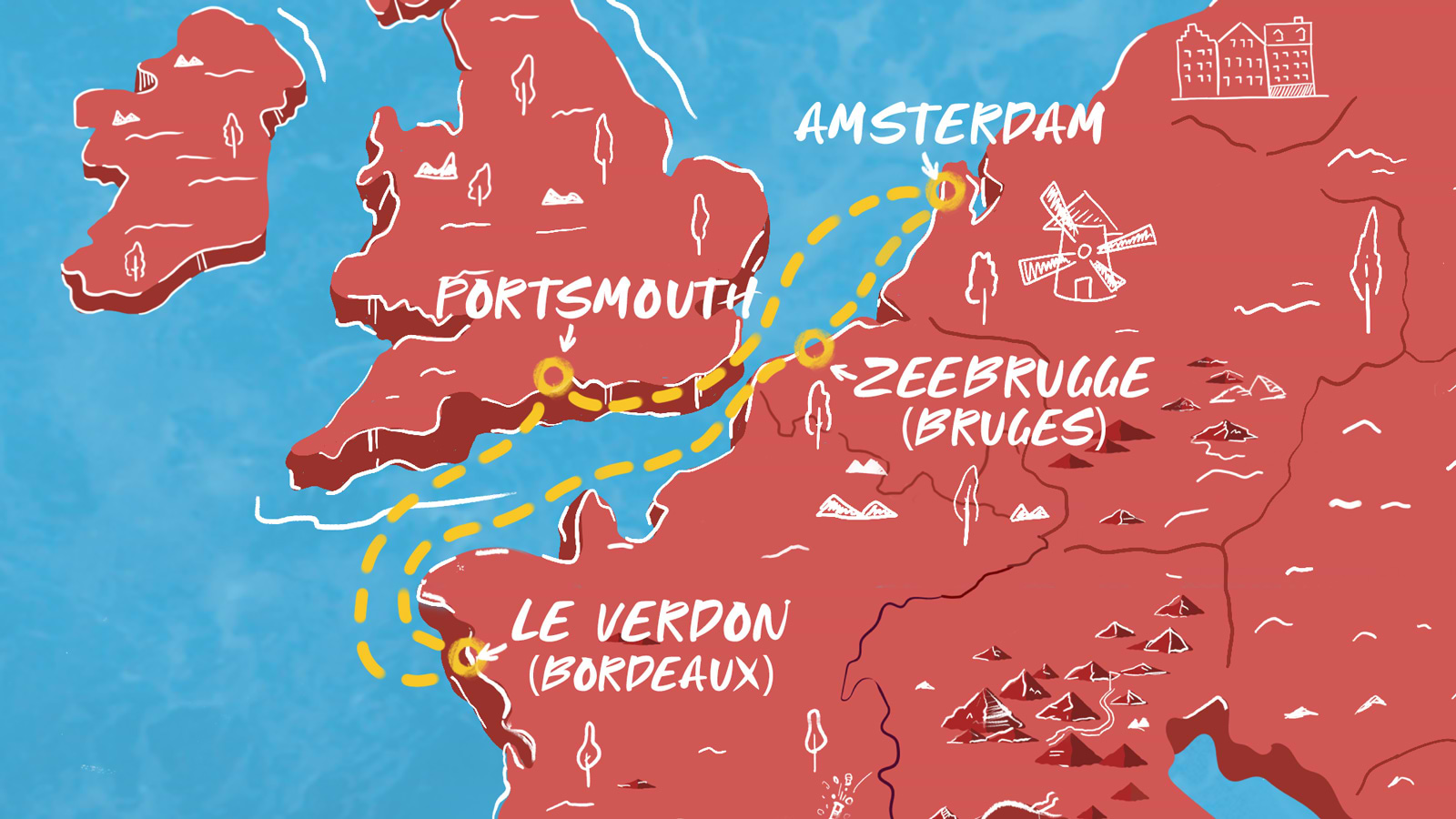 Map of Portsmouth to Amsterdam & Bordeaux Itinerary