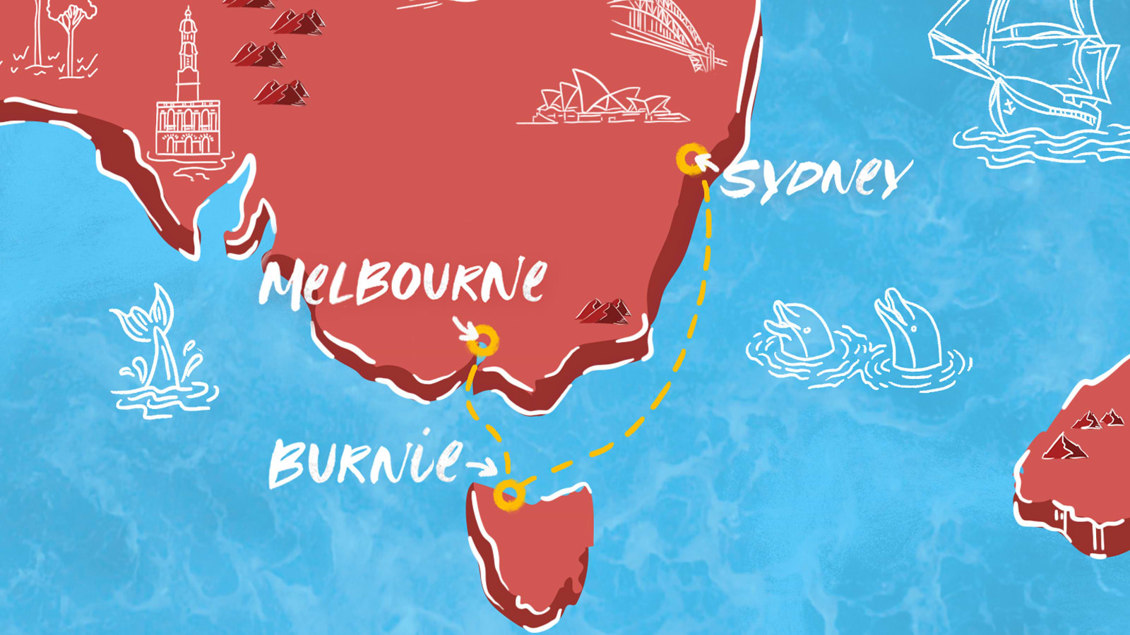 Map of Sydney, Melbourne & Burnie Itinerary