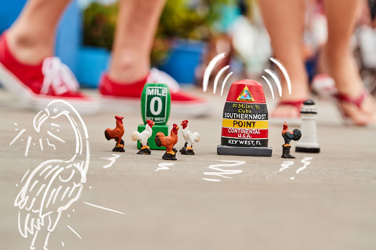 Miniatures of Key West' Southernmost point buoy, mile 0, lighthouse and roosters with fun graphics overlay