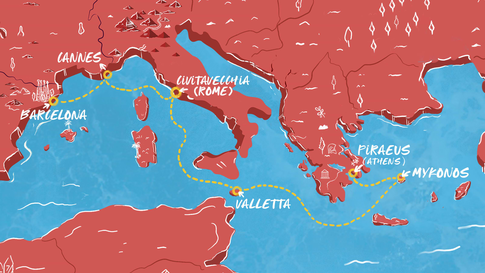 Barcelona to France, Italy & Greece itinerary map