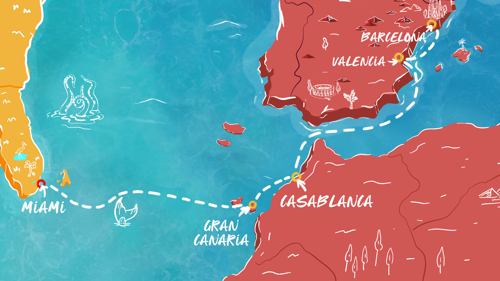 Map of Mediterranean, Morocco to Miami itinerary