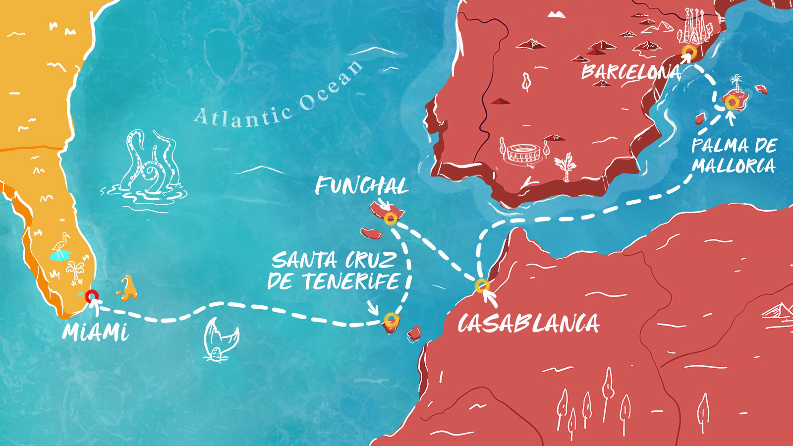 Map of Spain to Miami Transatlantic itinerary
