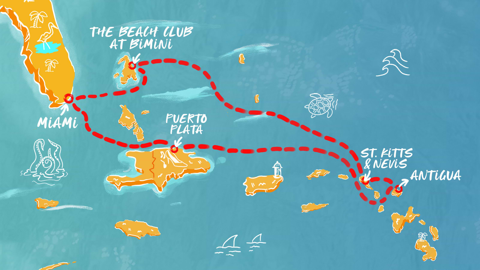 Map of Gorgeous Antigua, St. Kitts & Bimini itinerary