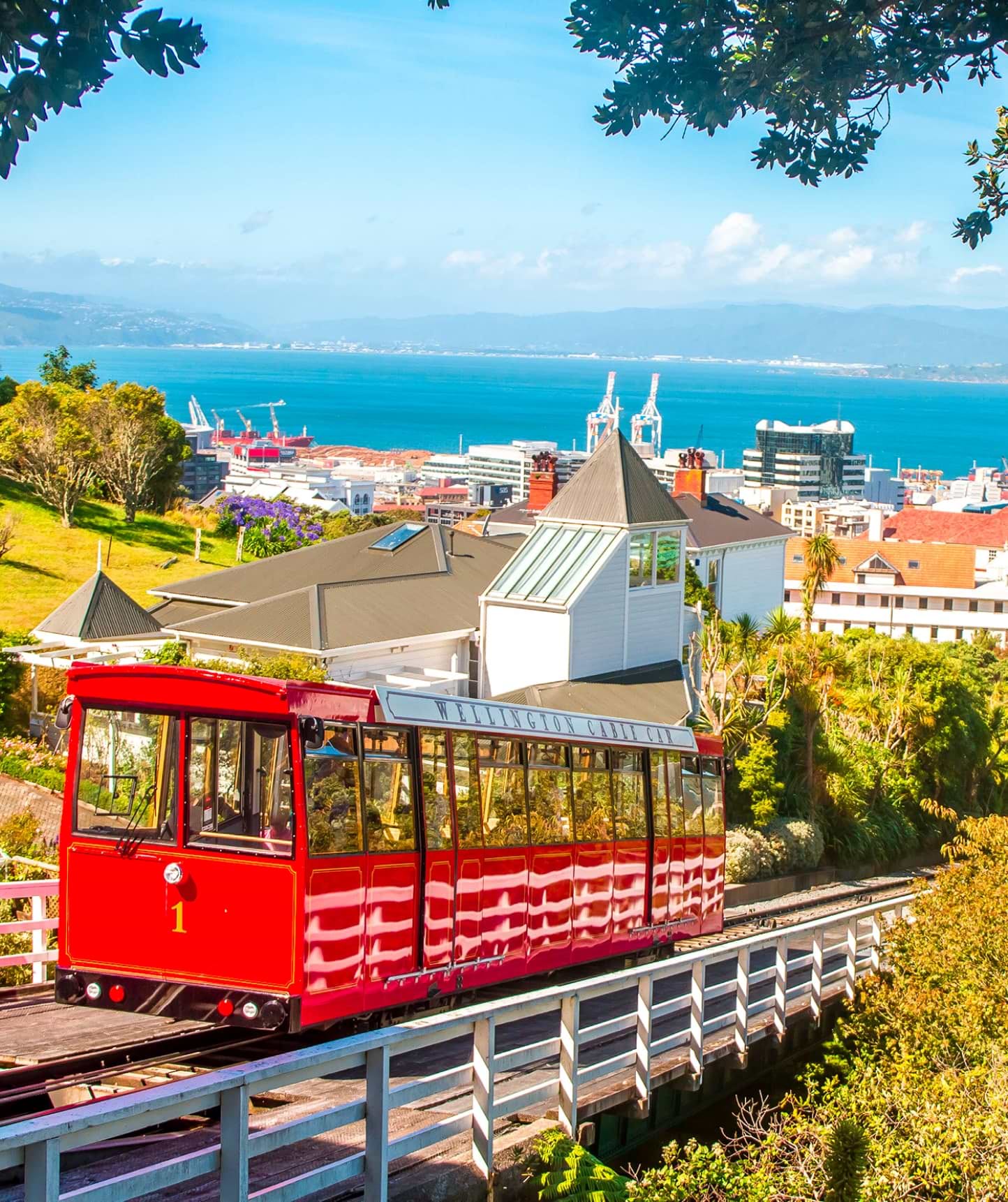 New-Zealand Fjords and Australia Shores - Red cable car and city behind