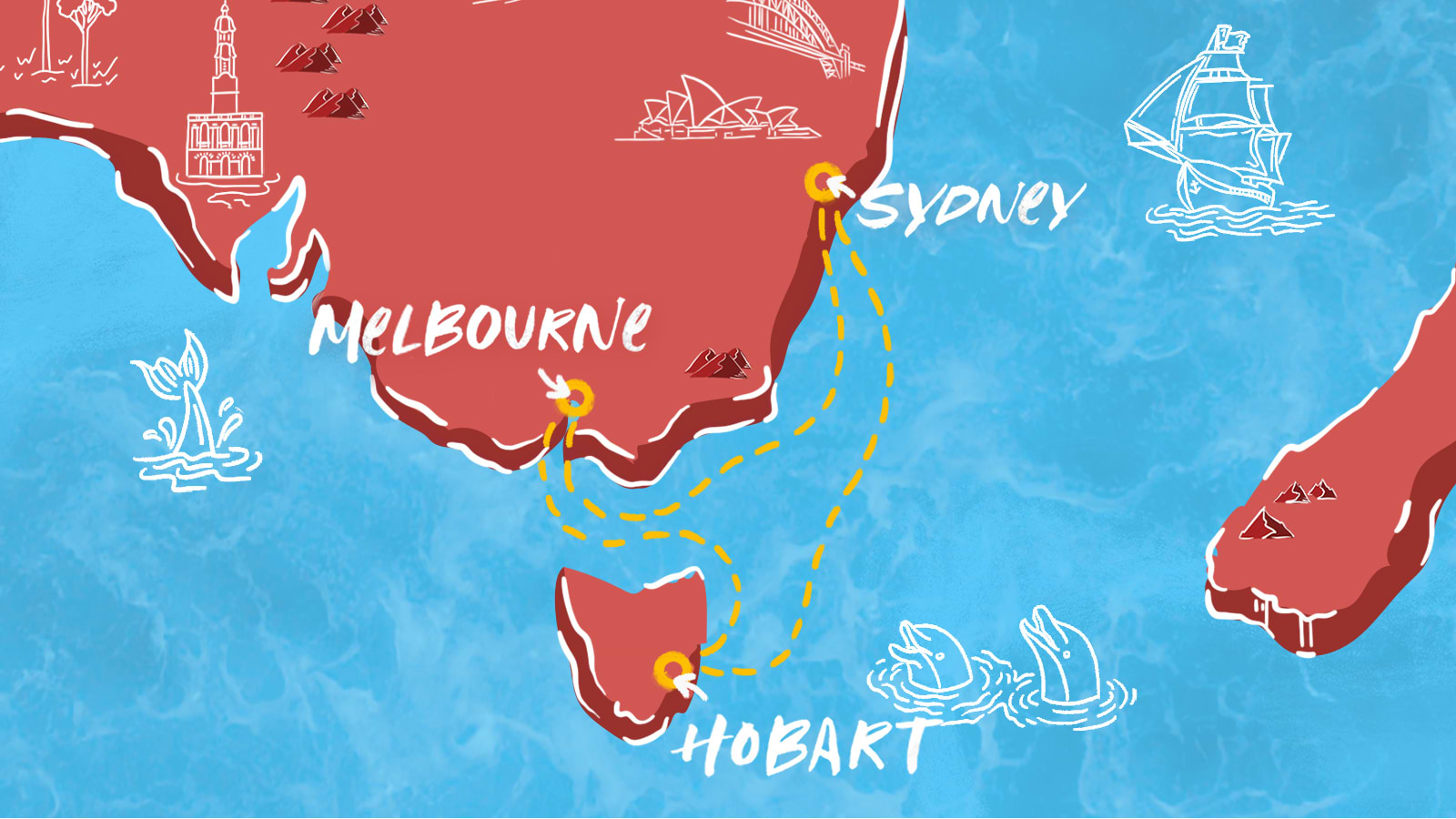 Map of Melbourne, Sydney & Hobart Itinerary