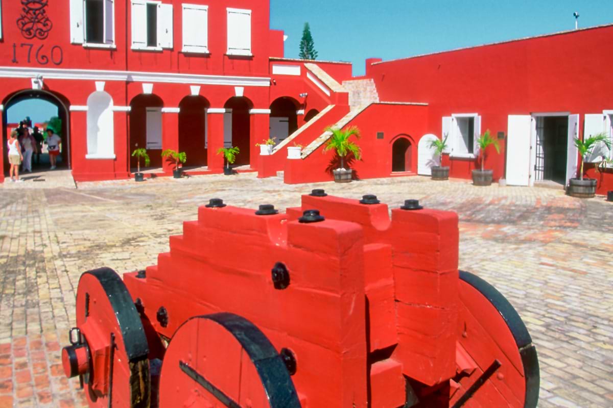 Shot of the red cannon at Fort Frederik.