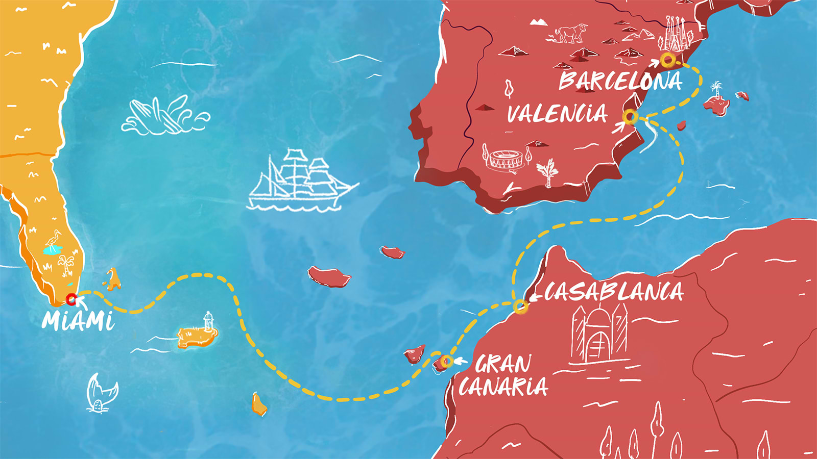 Map of Transatlantic to Spain & Morocco itinerary