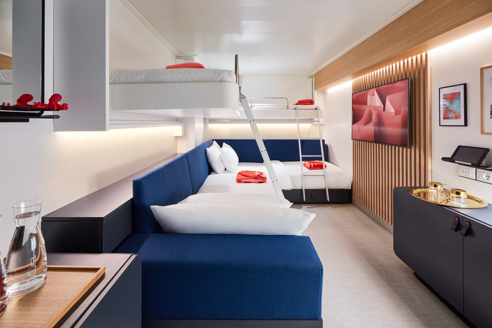 Sailing in a squad up to four — these cabins are great for those looking to do everything on board (and to get the perfect Zzz’s).