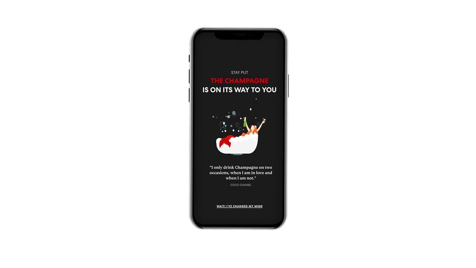 Mobile screen with Shake for Champagne message