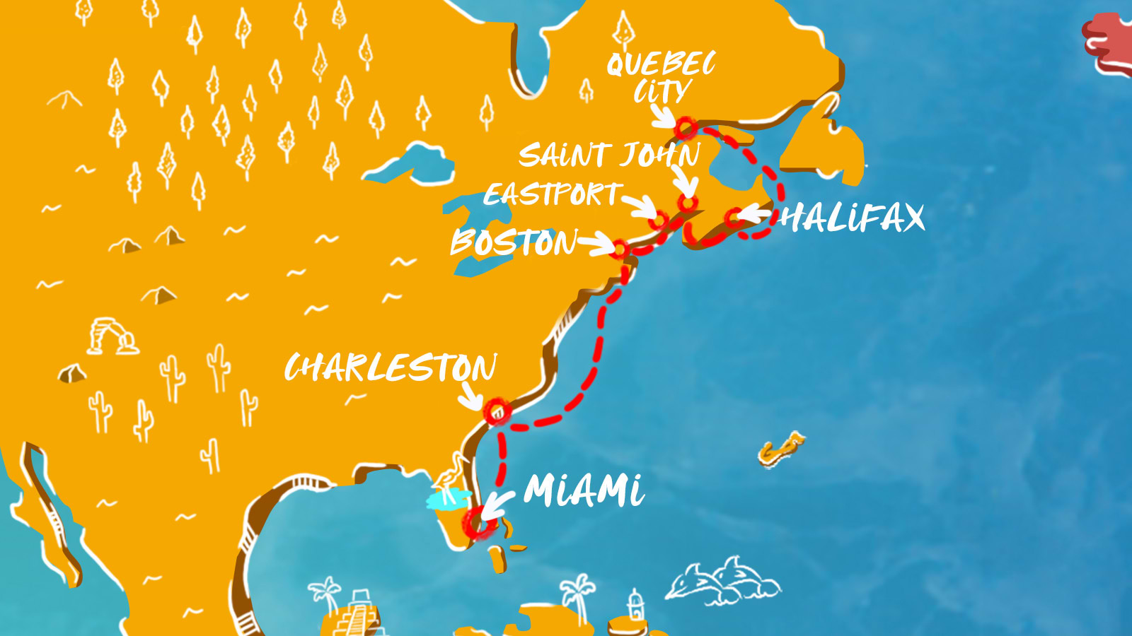 Map of Canada, Carolina, & Miami itinerary