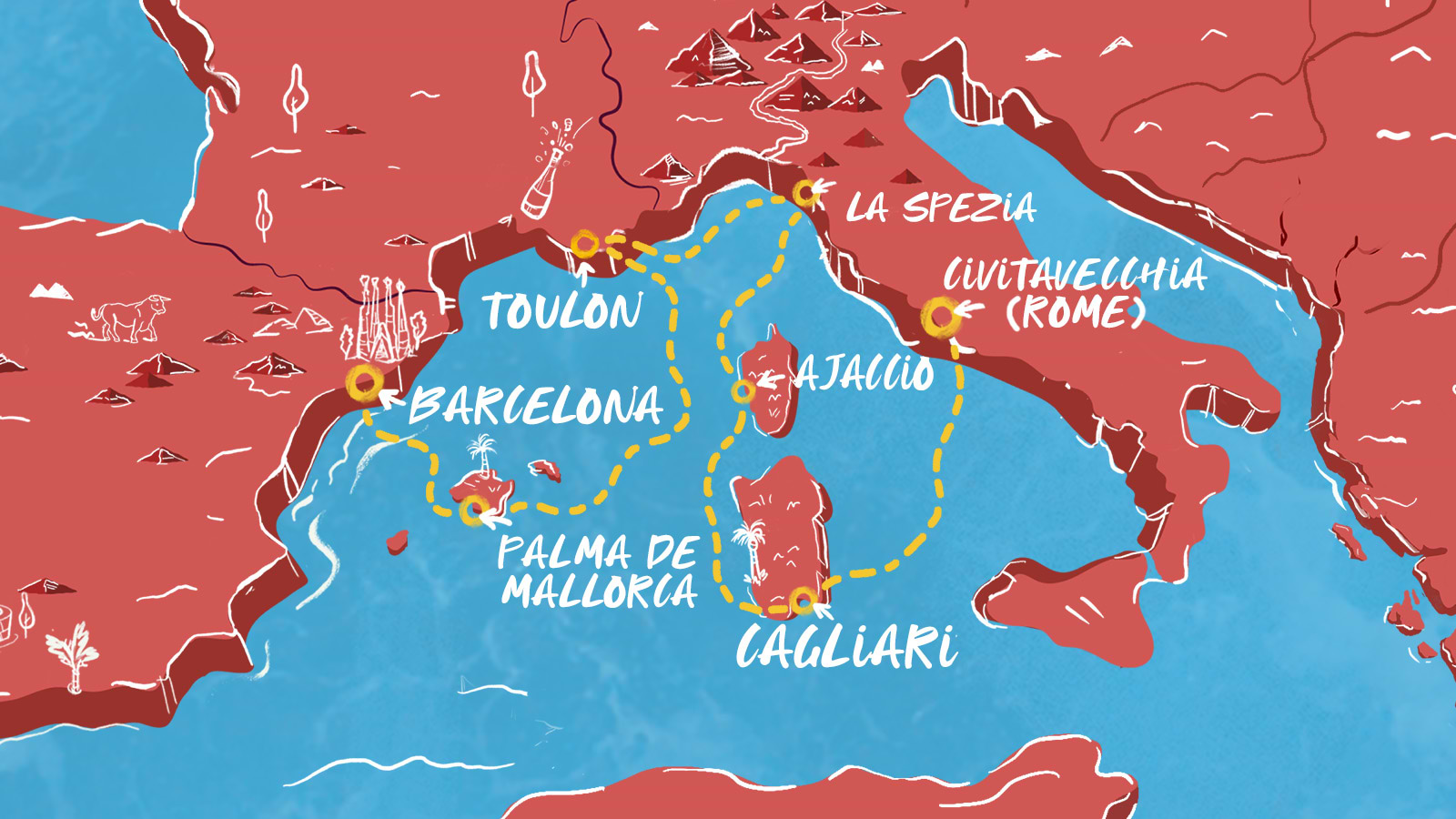 Map of Barcelona to Civitavecchia itinerary