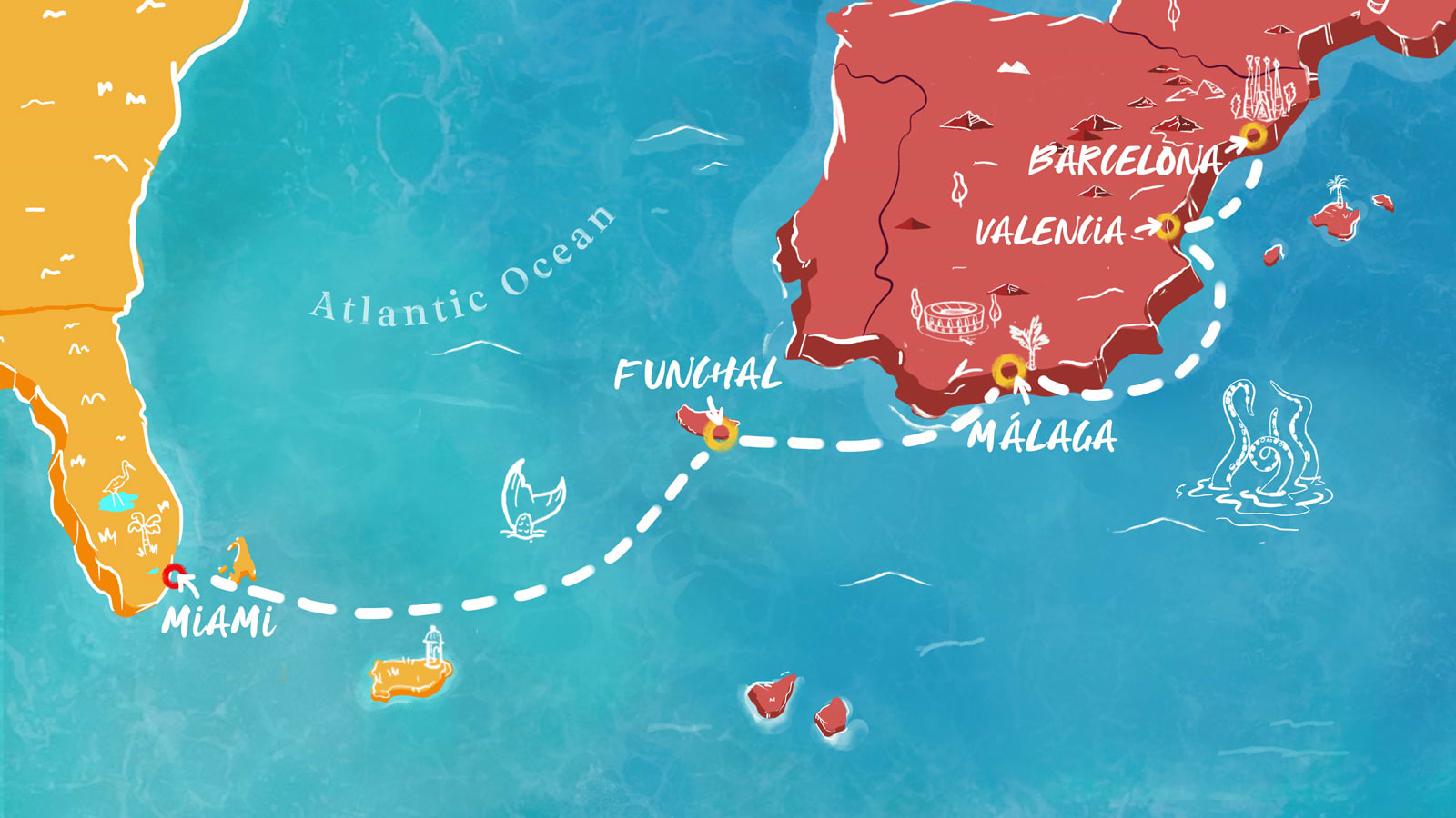 Map of Transatlantic Miami to Med Itinerary