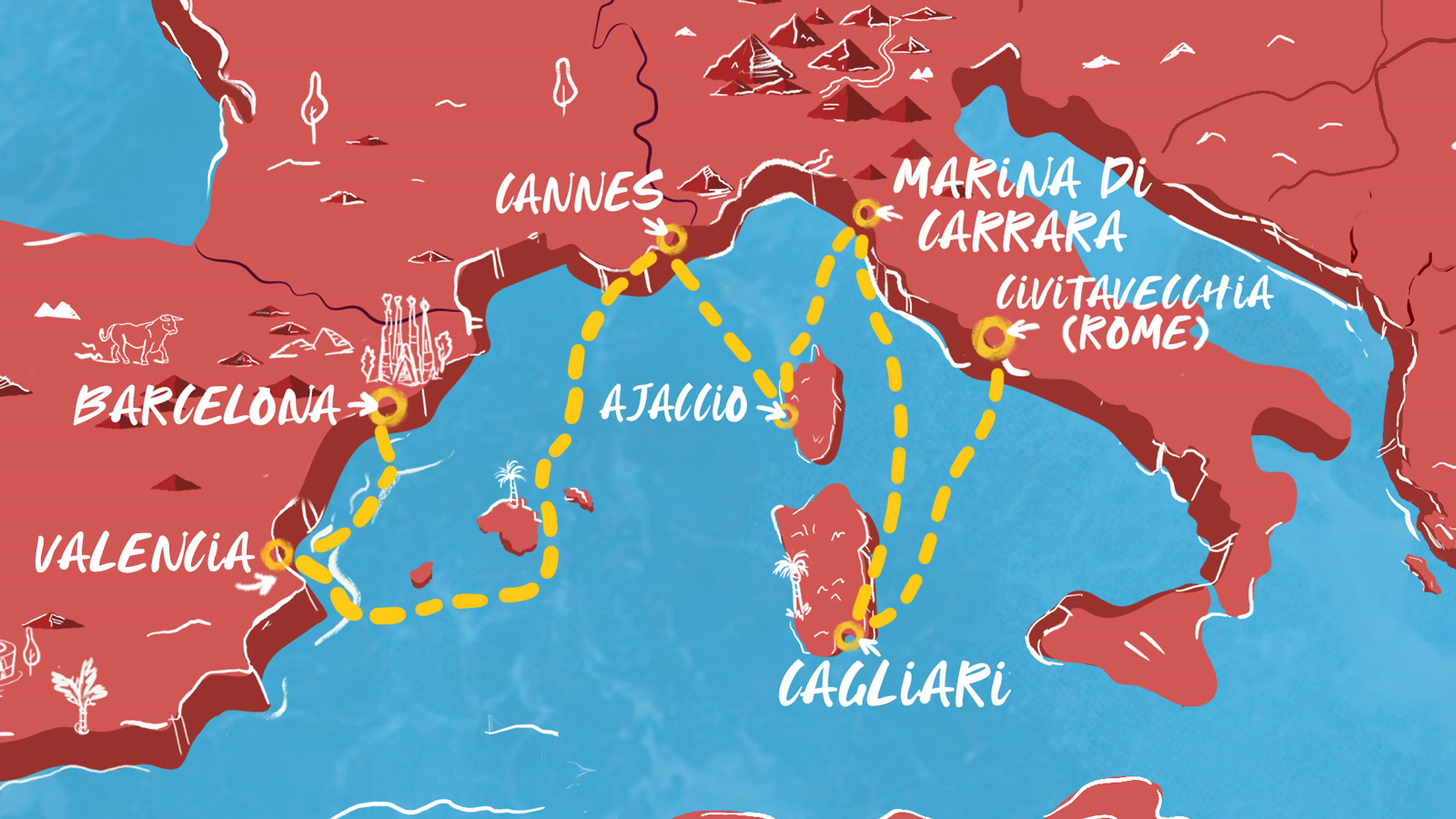 Italy to France & Spain map itinerary