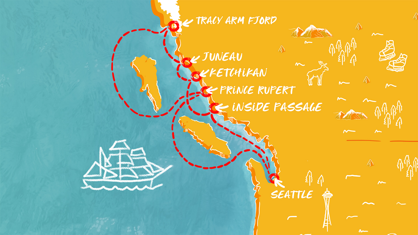 Map of Seattle, Juneau & Canadian Coasts itinerary