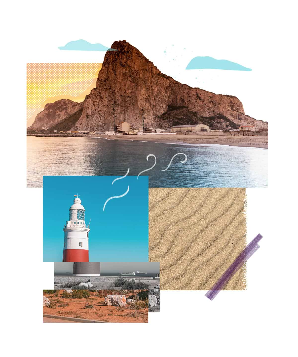Collage of Gibraltar including ocean sand and tower