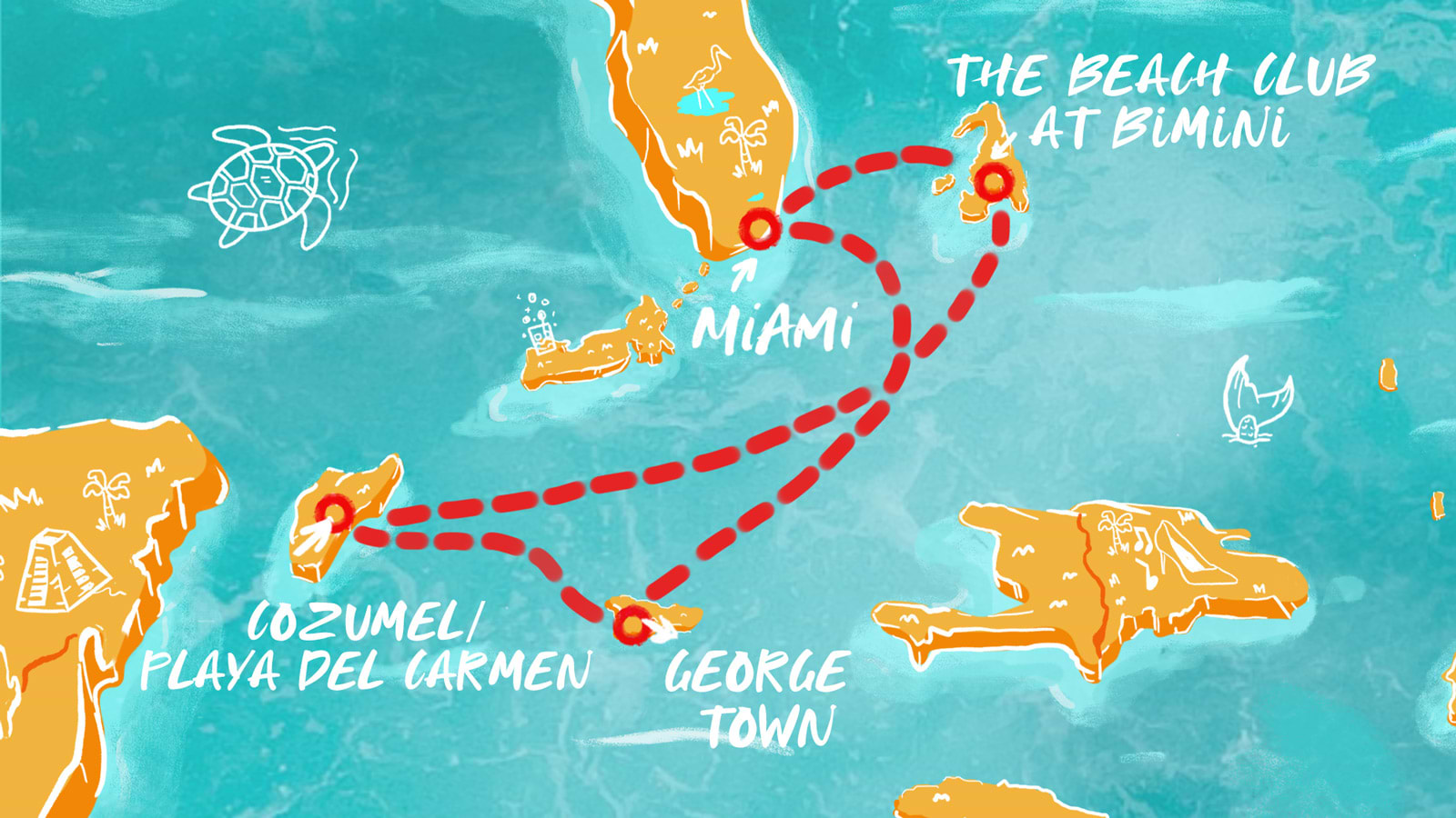 Map of Cozumel, Grand Cayman & Bimini itinerary