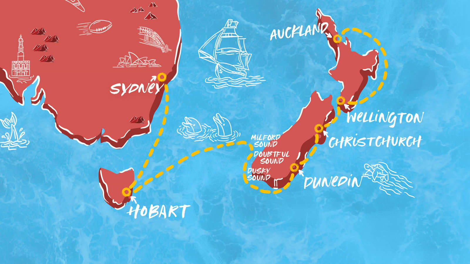 Map of New Zealand, Fjords, & Sydney Itinerary