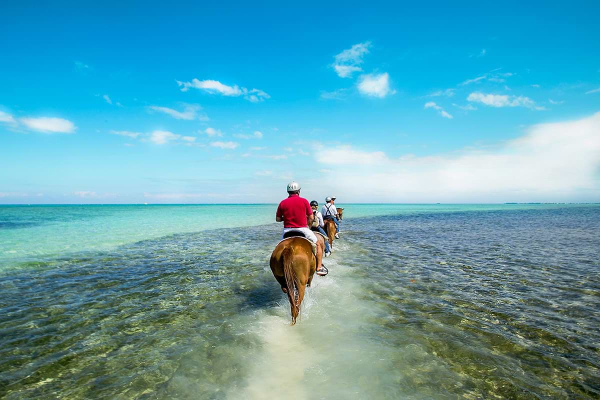 Group of people riding horses over the ocean.