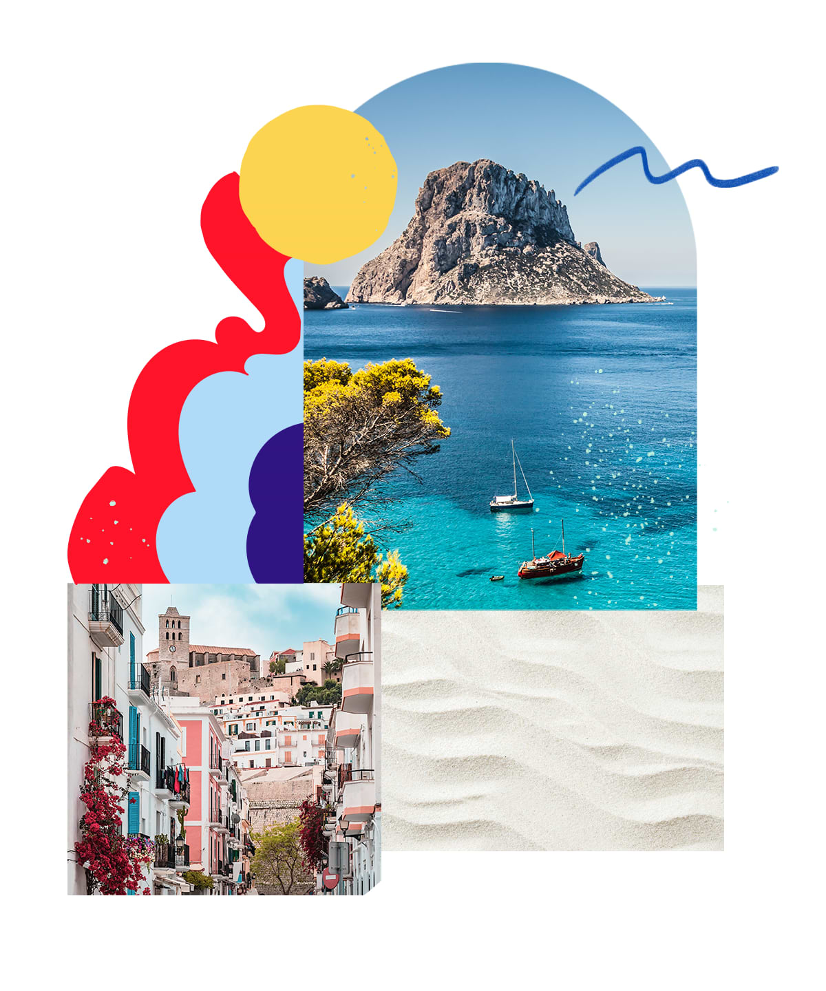 Collage of Ibiza port including ocean sand and town