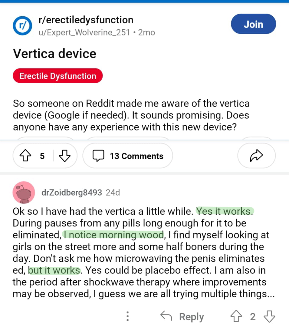 review about vertica device for ED - reddit