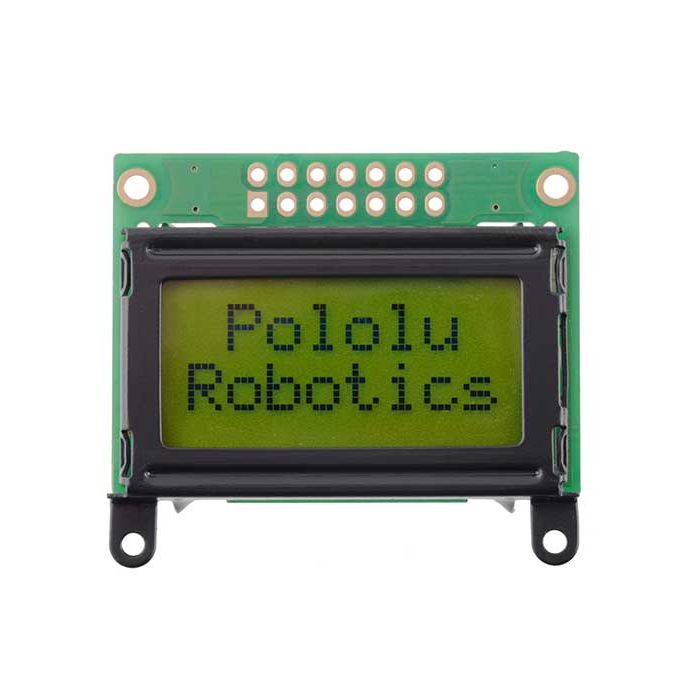 8×2 parallel character LCD – black bezel with example text on display.