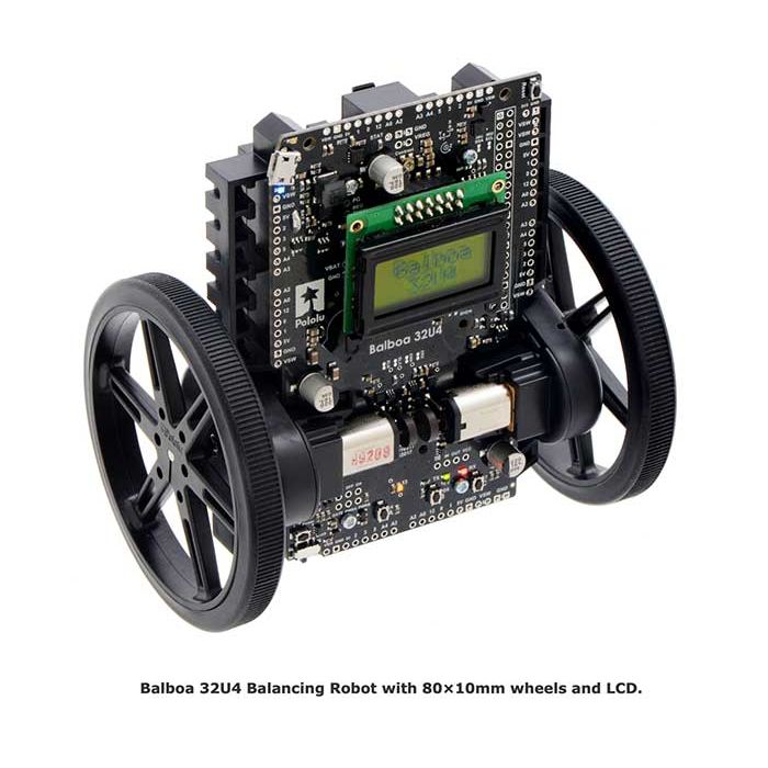 Balboa 32U4 Balancing Robot with 80×10mm wheels and LCD.