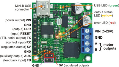 Pololu jrk 21v3 USB motor controller with feedback, labeled top view