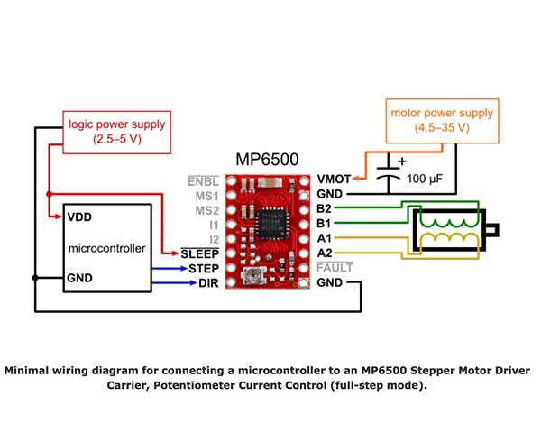 Minimal wiring diagram for connecting a microcontroller to an MP6500 Stepper Motor Driver Carrier, Potentiometer Current Control (full-step mode).